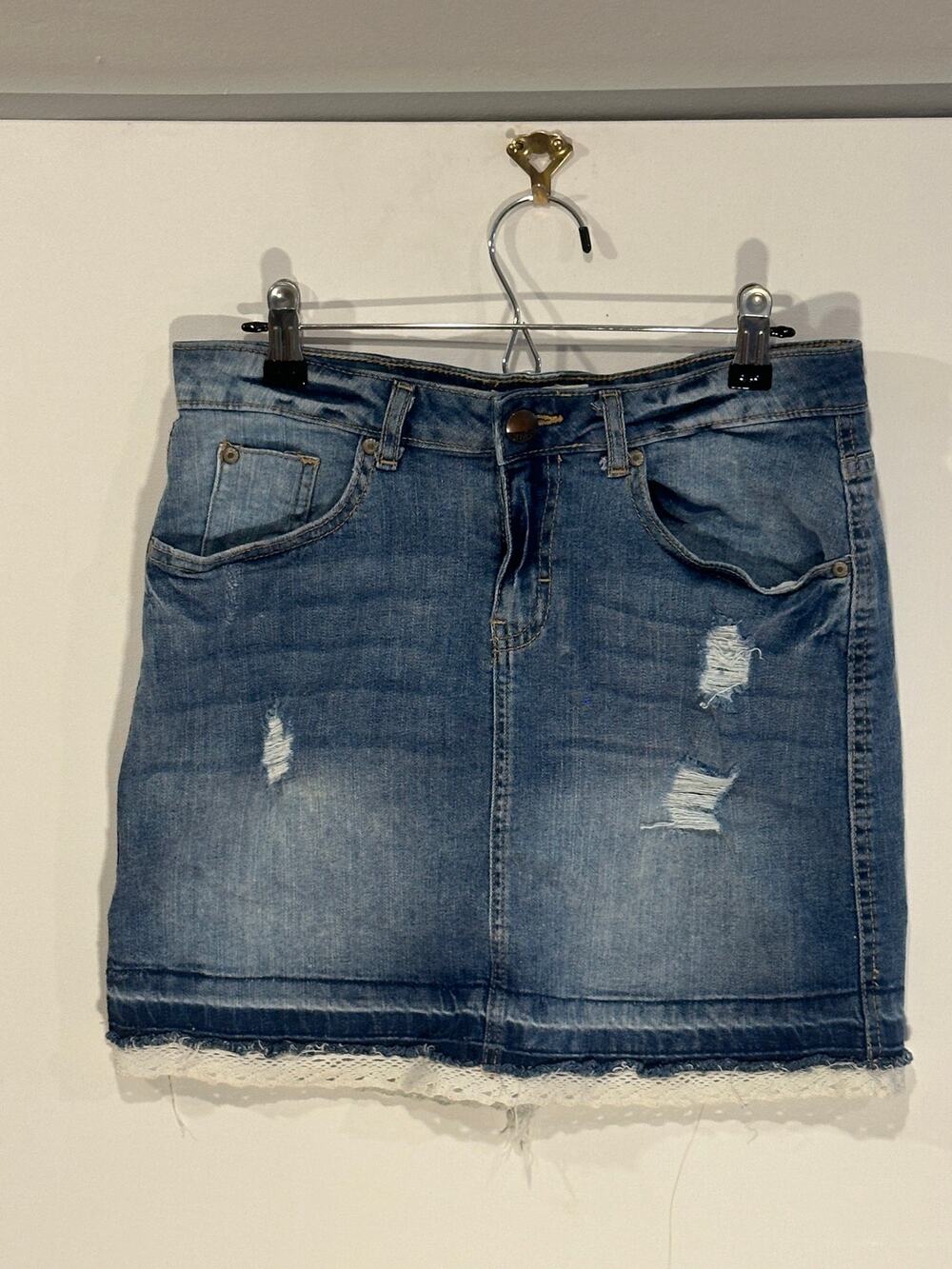 Janina Denim Distressed Crochet Lace Trim Medium Wash Denim Mini Skirt EU 36 US6